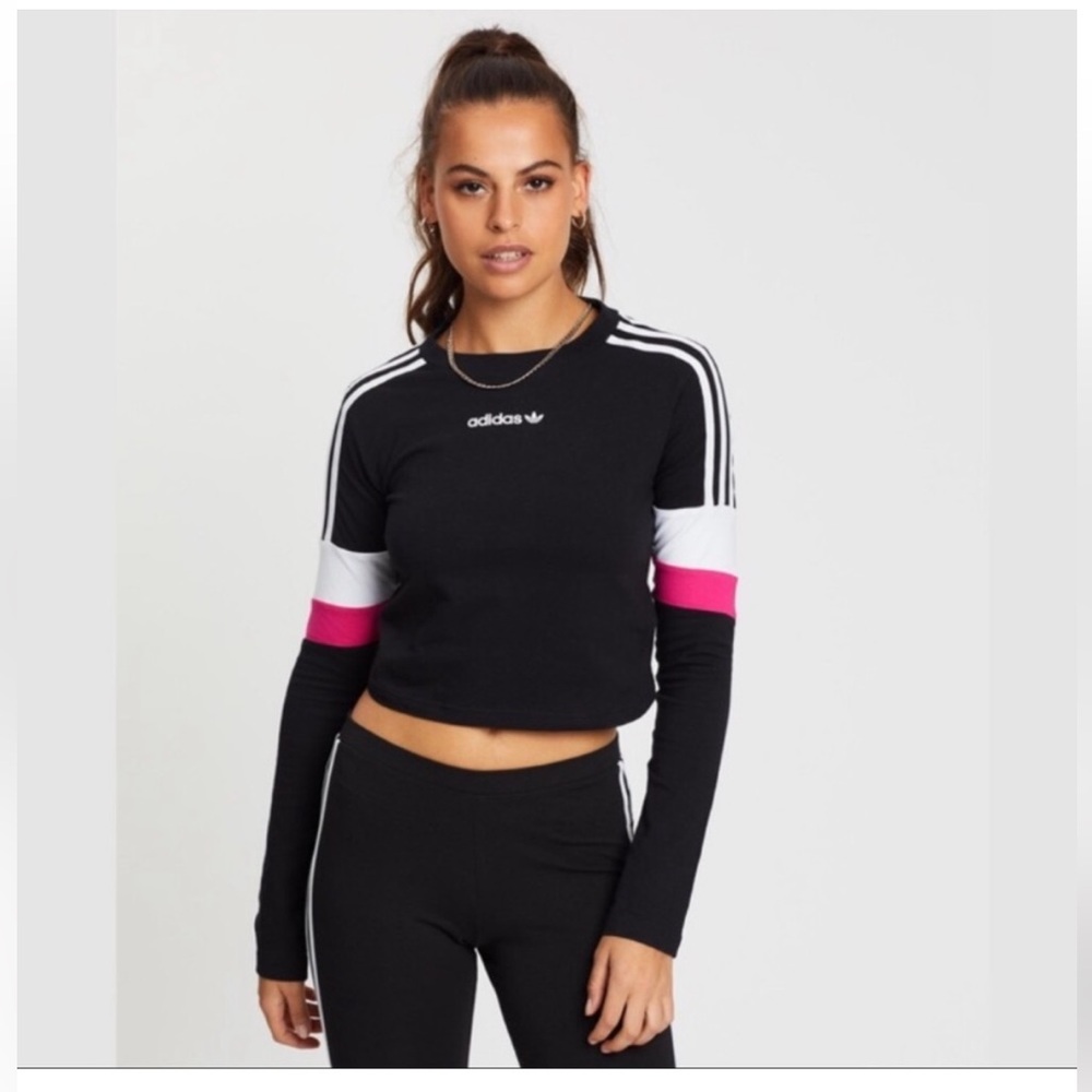 adidas Black Crop Top with White and Pink Accents and matching leggings SET